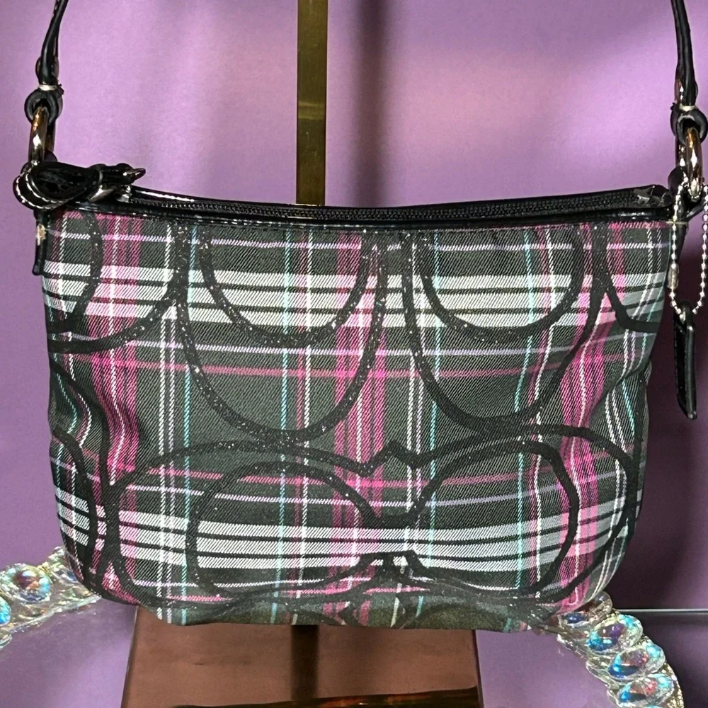 Coach Tartan Black and Pink Plaid Crossbody Approx. 8.5” x 6” - Picture 3 of 9